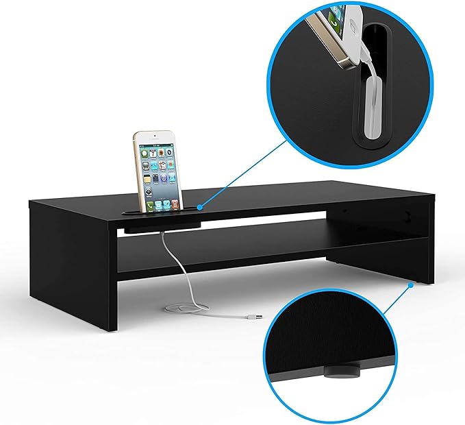 BONTEC Wood Monitor Stand Riser, 2 Tiers with Storage Organizer, Desktop Ergonomic Cellphone Holder and Cable Management, 21.3 Inch Shelf, Black