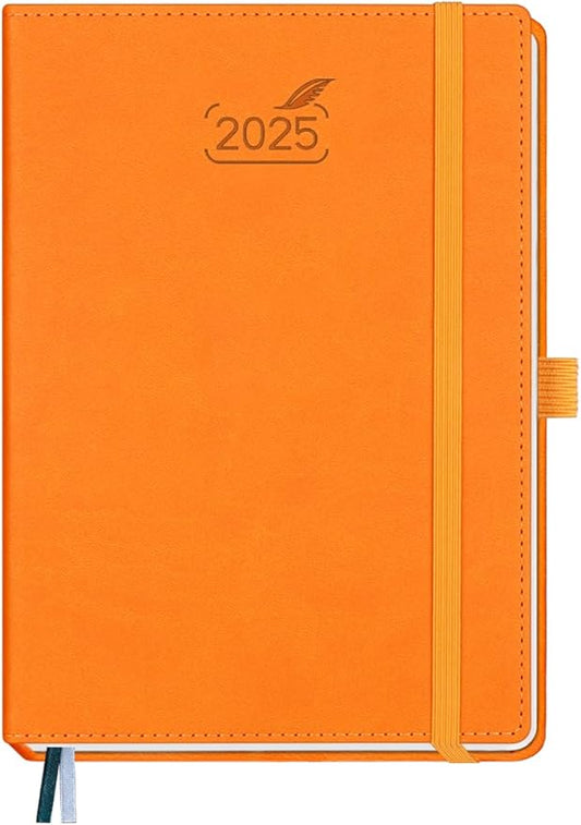BEZEND 2025 Planner Daily Weekly & Monthly 5.8" x 8.5" (Jan - Dec 2025) Agenda 2025 Vertical Calendar Book with Hourly Schedule, Monthly Tabs, Pen Holder, Vegan Leather Hard Cover - Orange