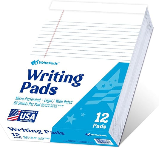 KAISA Legal Pads 8.5x11 inch Writing Pads, Wide Ruled Notepads Large Note Pads, White 50 Sheets 12 Pads,WT-MWT50W