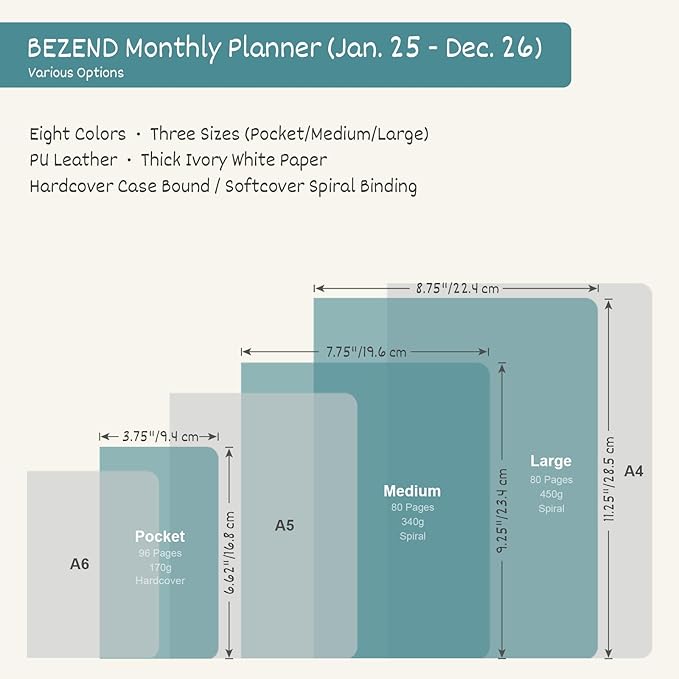 BEZEND Monthly Planner 2025-2026, Large Size, 2 Year Monthly Calendar 8.5" x 11" - 120 GSM Thick Paper - Spiral Planner with Pockets, Tabs, Calendar with Note Sections, Pen Loop, Softcover - Sky Blue