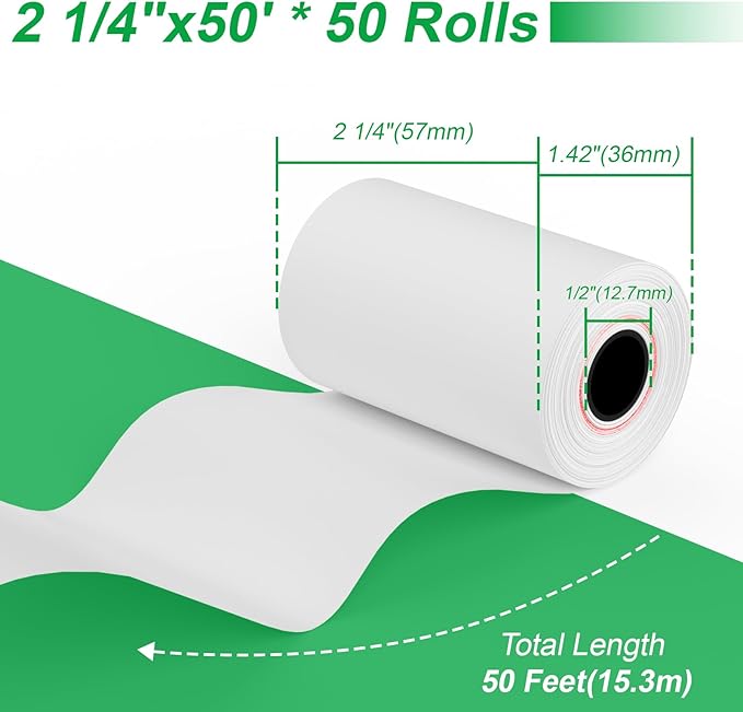Thermal Paper Rolls 2.25 x 50 ft, 50 Rolls Credit Card Receipt Paper 2 1/4 x 50, Premium Thermal Receipt Paper Fits All 58mm Mini POS Thermal Printer (2 1/4" x 50' Thermal Paper 50 Rolls)