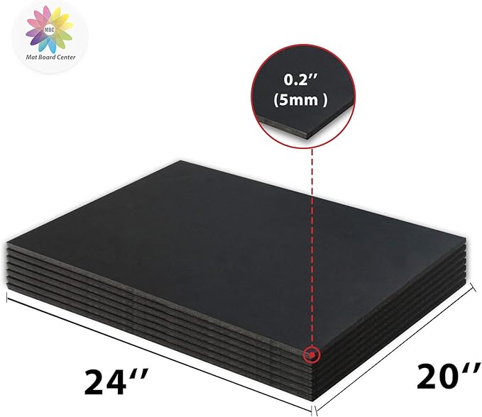 Mat Board Center, Pack of 10 Acid-Free Foam Boards, 20x24 inch Black Foam Boards, 3/16" Thick