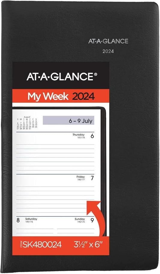 AT-A-GLANCE 2024 Weekly Pocket Planner, DayMinder, Open Scheduling, 3-1/2" x 6", Pocket Size, Black (SK480024)