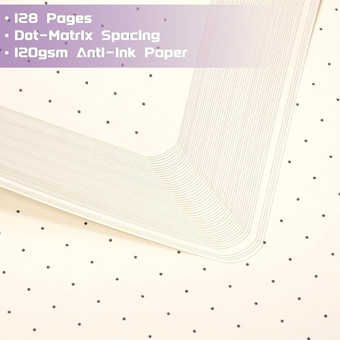 Dotted Journal/Notebook - Dot Grid Hard Cover Notebook, Premium Thick Paper with Fine Inner Pocket, Black Smooth Faux Leather, Pen Loop, 5.3'' x 8.26'' - Purple