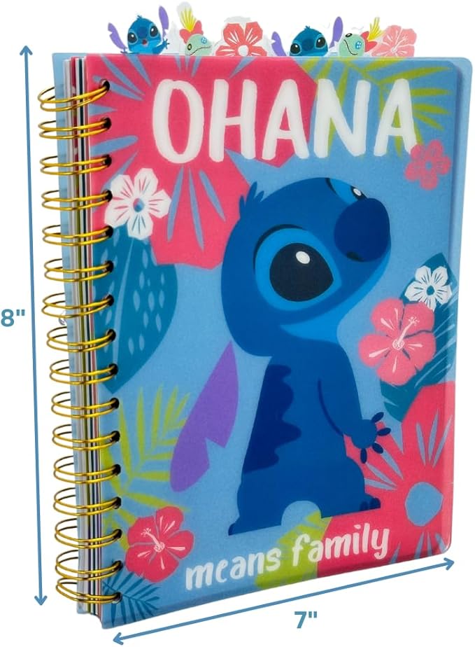 Innovative Designs Disney Stitch Tab Journal Notebook Ohana Spiral Bound, 144 Lined Pages, 8 x 7 inches, Blue