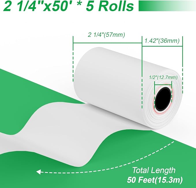 Thermal Paper Rolls 2.25 x 50 ft, 5 Rolls Credit Card Paper Thermal 2 1/4" x 50', Premium Receipt Papers Fits All 58mm Mini POS Thermal Printers