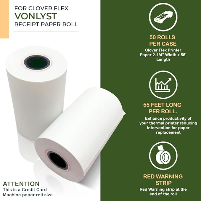 Thermal Paper Roll for Clover Flex Receipt Paper 2 1/4 x 55 (50 rolls)
