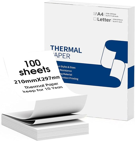 Thermal Paper, A4 Size, 100 Sheets, Compatible with Brother PocketJet PJ762/PJ763MFi, Hprt, Phomemo, etc.