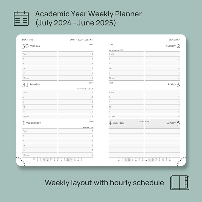POPRUN Pocket Planner 2024-2025, [Pocket 4''x 6.25'' Hard Cover] Academic Year Calendar Daily Weekly and Monthly (July 24-June 25) with Hourly Time Slots, 100 GSM Paper - Black