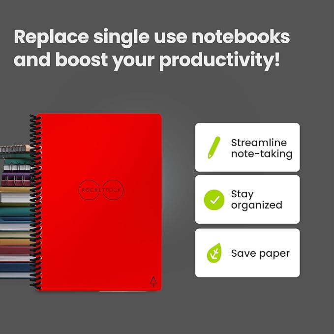 Rocketbook Core Reusable Spiral Notebook, Executive Size 6x8.8, Red - Lined Pages, App-Connected, Erasable, Durable Cover, Ideal for School, Work, and Creative Projects
