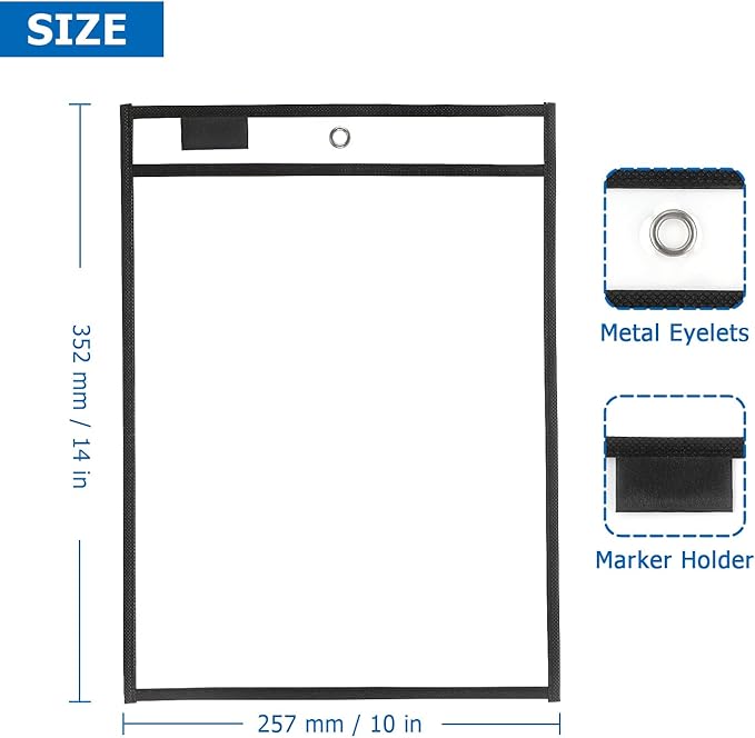 Tamaki 8 Pack Dry Erase Pockets Sleeves with Rings, 10 x 14 Inch Ticket Holders Clear Plastic Sleeves Sheet Protectors for Teacher Classroom Sleeves, Black