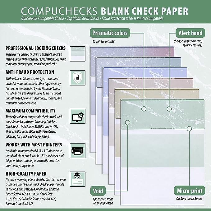 Compuchecks Check on Top Blank Check Paper - 250 Pack, Quick-Books & Laser Printer Compatible - Security Business Checks with Voucher - 8.5" x 11" Blue Marble