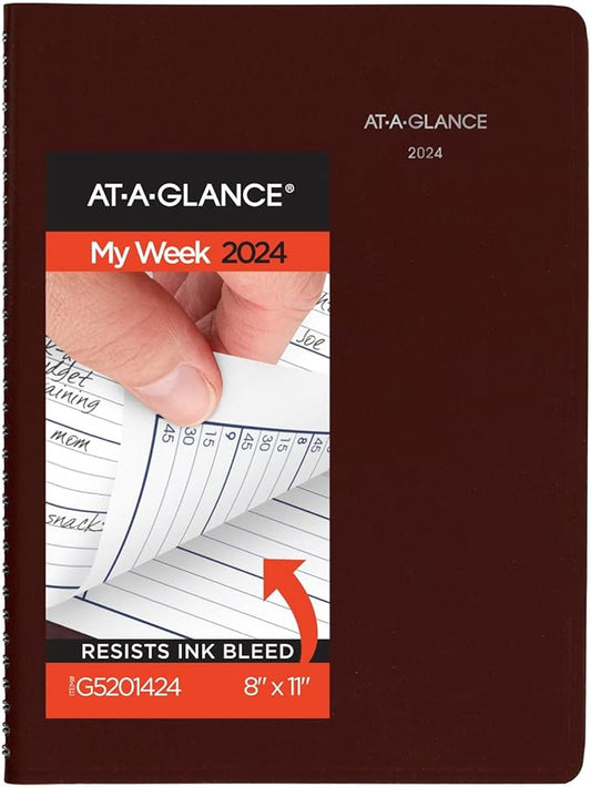 AT-A-GLANCE 2024 Weekly Planner, DayMinder, Quarter-Hourly Appointment Book, 8" x 11", Large, Burgundy (G5201424)