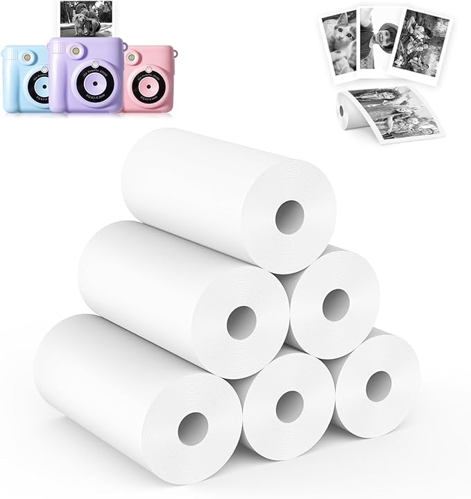 6 Rolls Kids Camera Instant Print Refill Paper Set, Phetium HD Printing Thermal Paper for Most Kids Instant Camera Photo Print (White-6 Rolls)