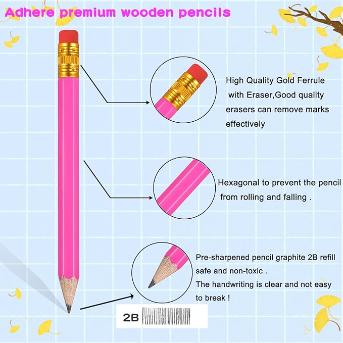 Adhere 25pcs Golf Pencils with Eraser Pre sharpened Hexagon half Wooden Pencils Graphite 2B for Golf Event Scoring,Classroom,Wedding,Company Meetings,Pew, Pocket (Rose Red)