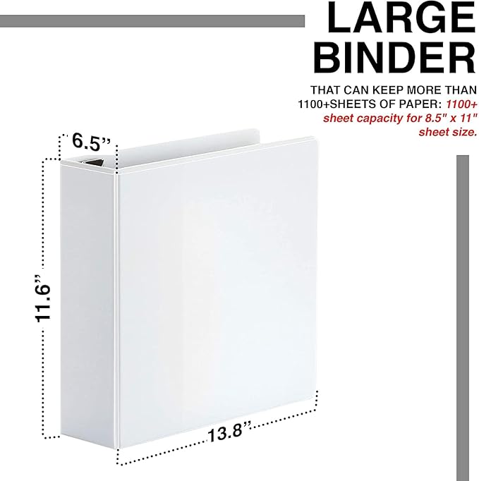 3 Ring Binders, 6 Inch D Ring Heavy Duty Large Binder with Pockets for 8.5" x 11" Sheet Size, Durable Non-Stick Customizable Clear View Cover (White)