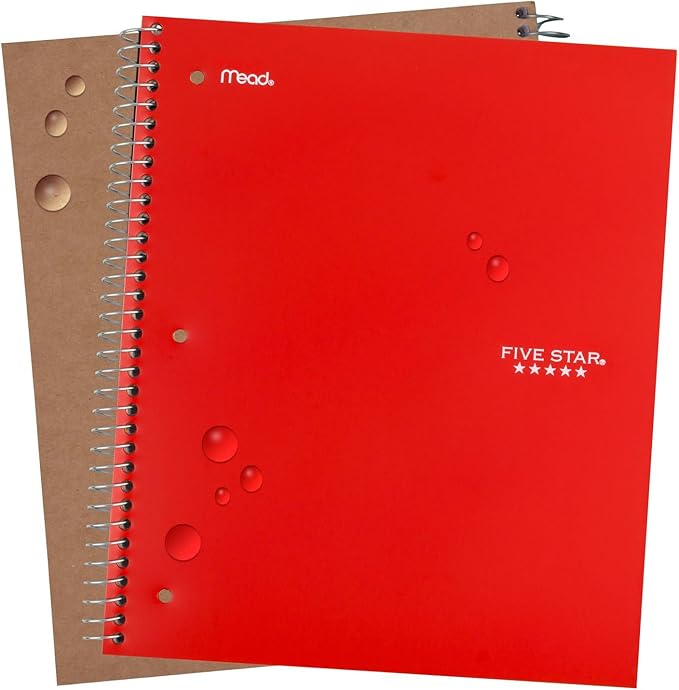 Five Star Spiral Notebook, 5 Subject, Wide Ruled Paper, Fights Ink Bleed, Water Resistant Cover, 8" x 10-1/2", 200 Sheets, Color Will Vary (05206)