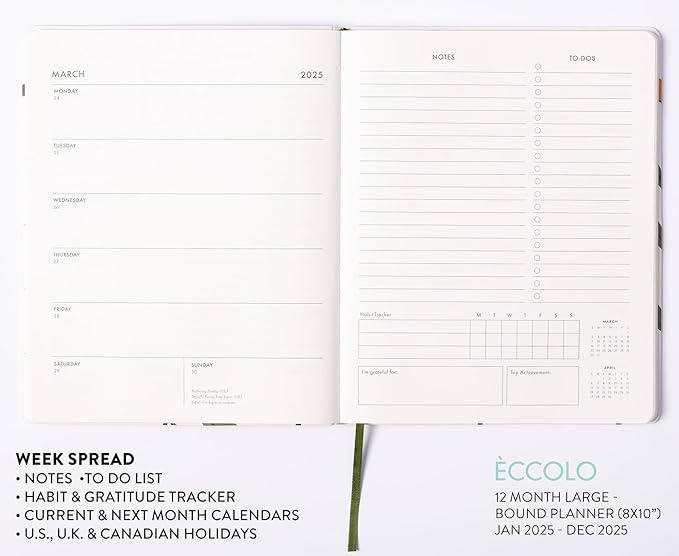 Eccolo 2025 Large Agenda Planner, 12 Month, Yearly, Monthly & Weekly Pages, Habit & Gratitude Tracker (Flexi-Cover - 8 x 10")