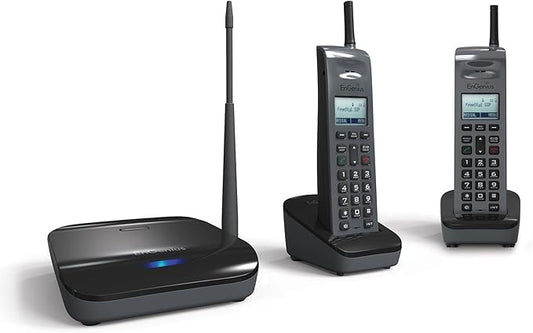 EnGenius FreeStyl SIP2, Long Range, Portable 900 Mhz VoIP Phone with 2-Way Radio for Broadcast/Intercom, Expandable up to (10) Handsets per Base, 10 Acres of Coverage, Includes (2) Handsets