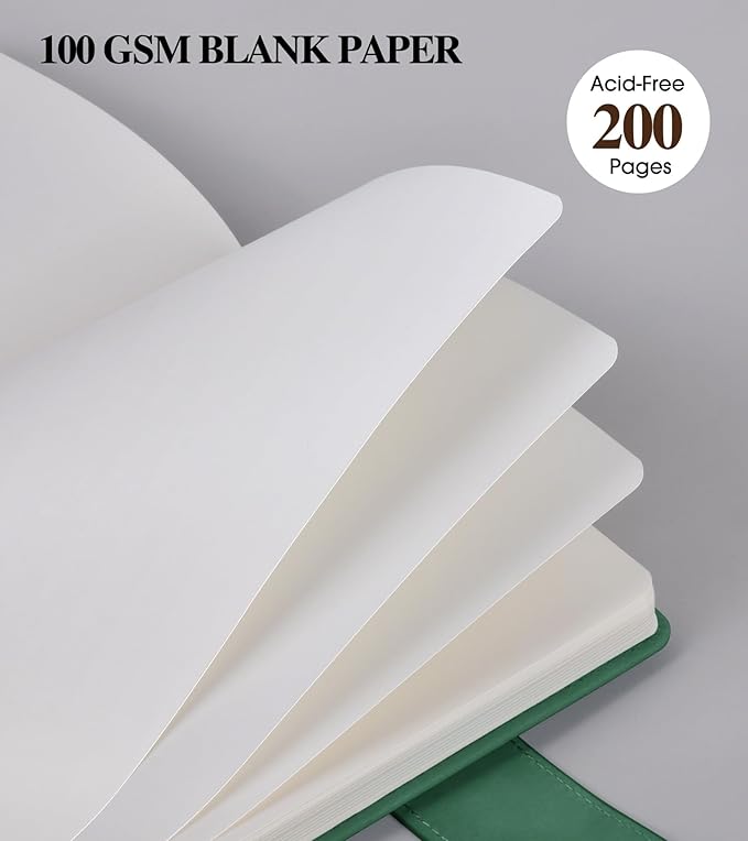 Blank Journal Notebook, A5 Hardcover Leather Sketchbook with 200 Pages Thick Blank Paper for Men Women, Unlined Drawing & Writing Journal, 5.9" x 8.4" Plain Notebook (green)