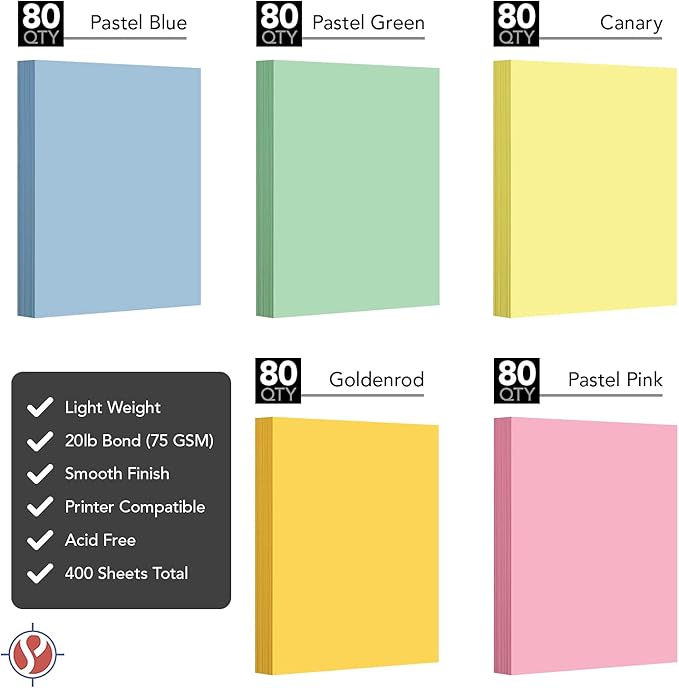 Pastel Color Paper, 8.5 x 11" Multi-Color Bulk Paper for Spring & Easter Greetings, Art & Crafts, Invitations | Regular 20lb Bond | 80 Blue, 80 Pink, 80 Green, 80 Canary, 80 Goldenrod (400 Total)…
