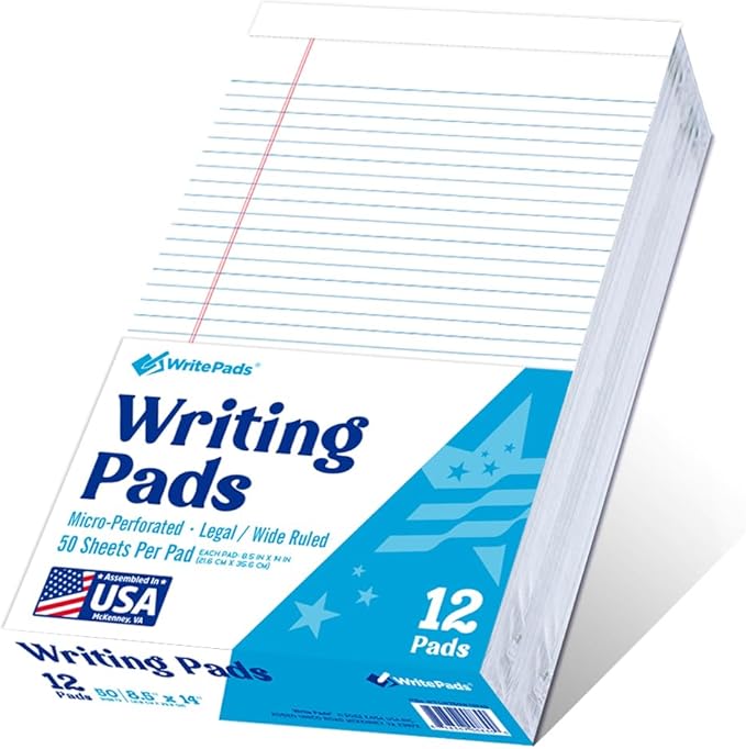 KAISA Legal Pads 8.5x14 inch Large Writing Pads Wide Ruled Notepads Casual Note Pads, White 50 Sheets 12 Pads, WT-LWT50W