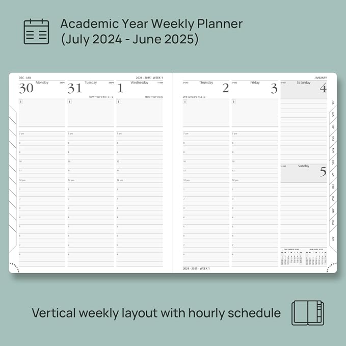POPRUN Planner 2024-2025, [Large 8.5'' x 10.5'' Hard Cover] Academic Calendar (July 24-June 25) Daily Weekly and Monthly Appointment Book with Hourly Time Slots, Monthly Tabs, 100 GSM - Light Yellow