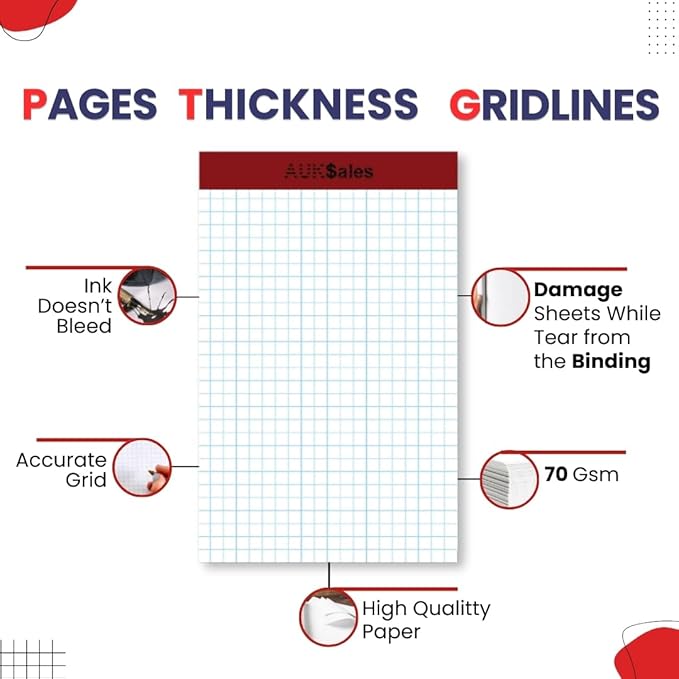 Grid Paper Pad 5x8 Inches – Graph Paper Pad 4x4, Grid Notepad, 12 Pack, 5x8 Graph Paper 1/4 Grid, Graphing Paper, Engineering Pad – 100 Sheets 200 Pages Perforated Pad for School, Home, & Office
