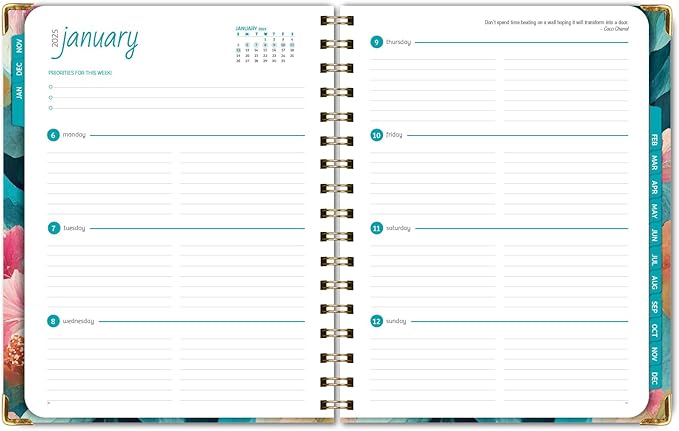 HARDCOVER 2025 Planner, 7"x9": 14 Months (November 2024 - December 2025), Daily Weekly Monthly Planner, Yearly Agenda, Bookmark, Pocket Folder and Sticky Note Set (Teal Floral)