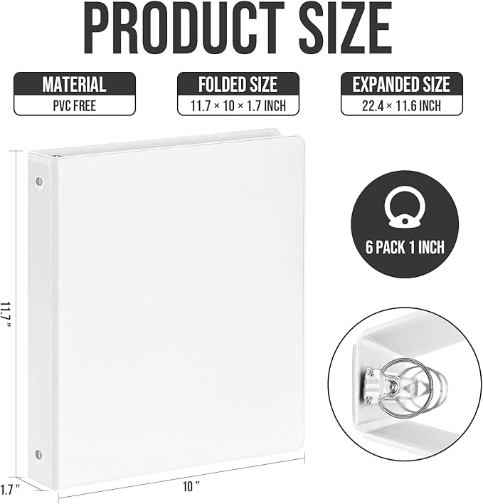 3 Ring Binder 1 Inch, IntoJoy 6 Pack Clear View 3 Hole Binder PVC-Free Fits 8.5x11 Inch Paper Flexible Round Ring Binders for School Office Home Binder Supplies (White)