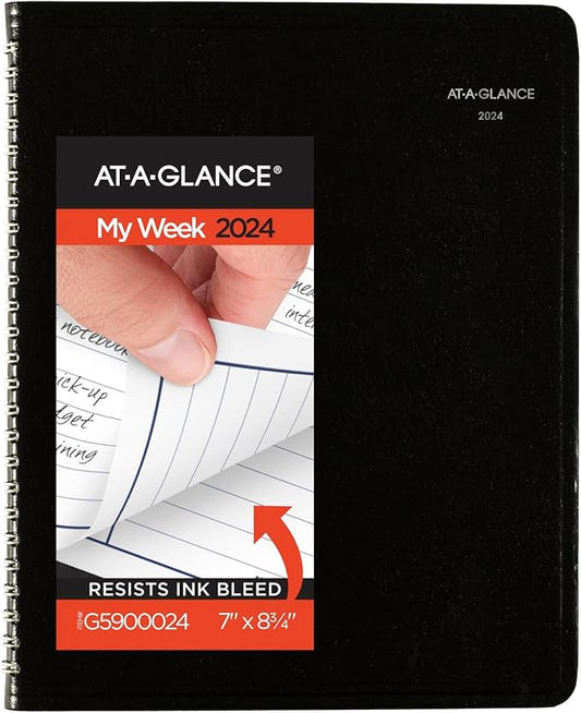 AT-A-GLANCE 2024 Weekly Planner, DayMinder, Column-Style, 7" x 8-3/4", Medium, Faux Leather, Black (G5900024)