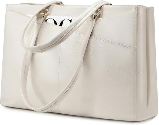 LOVEVOOK Laptop Bag for Women 15.6 Inch Tote Bags Waterproof Leather Briefcase Computer Women Business Office Work Bag,Beige