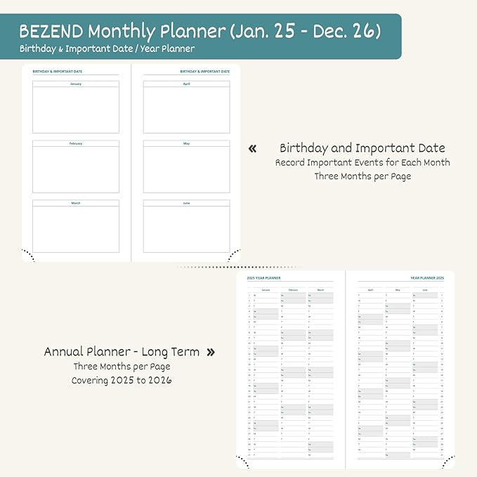 BEZEND 2 Year Pocket Calendar 2025-2026 - Small Monthly Planner for Purse 6.5" x 3.5", Runs Jan 2025 to Dec 2026, 100 GSM Paper, Pen Loop & Notes, PU Leather Hardcover in Sky Blue