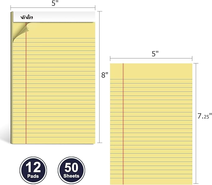 ViVin 5 x 8 Inch Legal Pads, 12 Pack, Narrow Ruled, 50 Sheets Per Writing Pad, Perforated Note Pads Ideal for Home, Office, Business, 600 Sheets (12 Pack of 50), Canary Yellow Paper