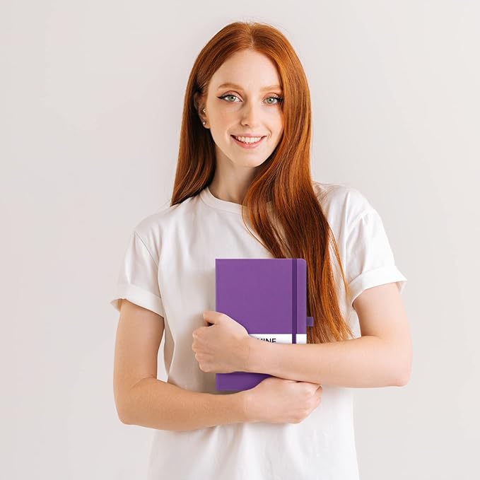 Dotted Journal/Notebook - Dot Grid Hard Cover Notebook, Premium Thick Paper with Fine Inner Pocket, Black Smooth Faux Leather, Pen Loop, 5.3'' x 8.26'' - Purple