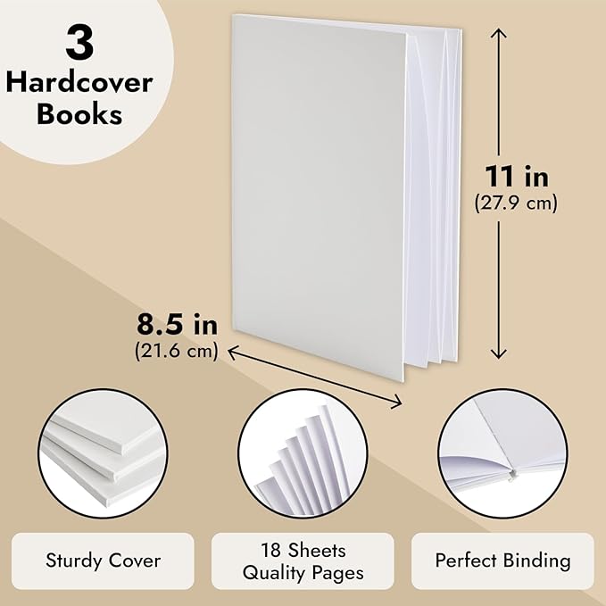 Paper Junkie 8.5x11 inch White Blank Hardcover Books for Kids to Write Stories, Unlined Scrapbook and Journal - 18 Sheets/36 Pages Each - Pack of 3