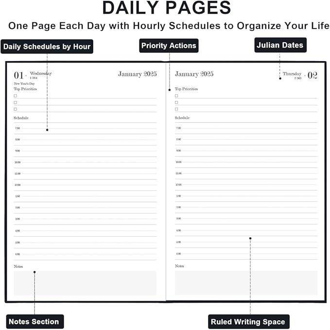 2025 Daily & Monthly Planner - 2025 Daily Planner One Page Per Day from January 2025 to December 2025, Hourly Appointment Book Perfect Organizer Daily Life, Fabric Cover, 5.8'' x 8.3'', Black