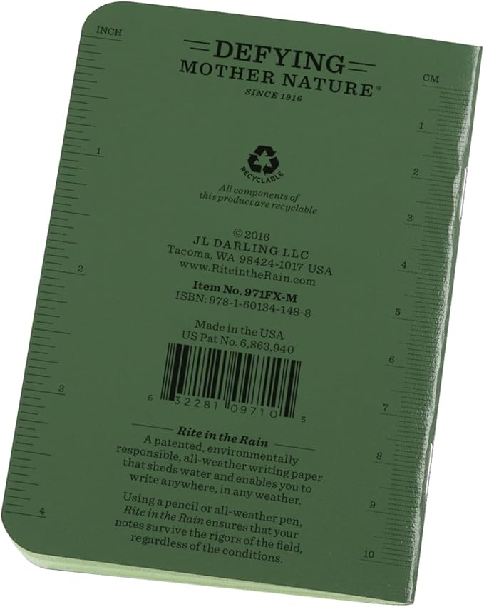 Rite in the Rain Weatherproof Mini-Stapled Notebook, 3 1/4" x 4 5/8", Green Cover, Universal Pattern, 3 Pack (No. 971FX-M), 4.625 x 3.5 x 0.125