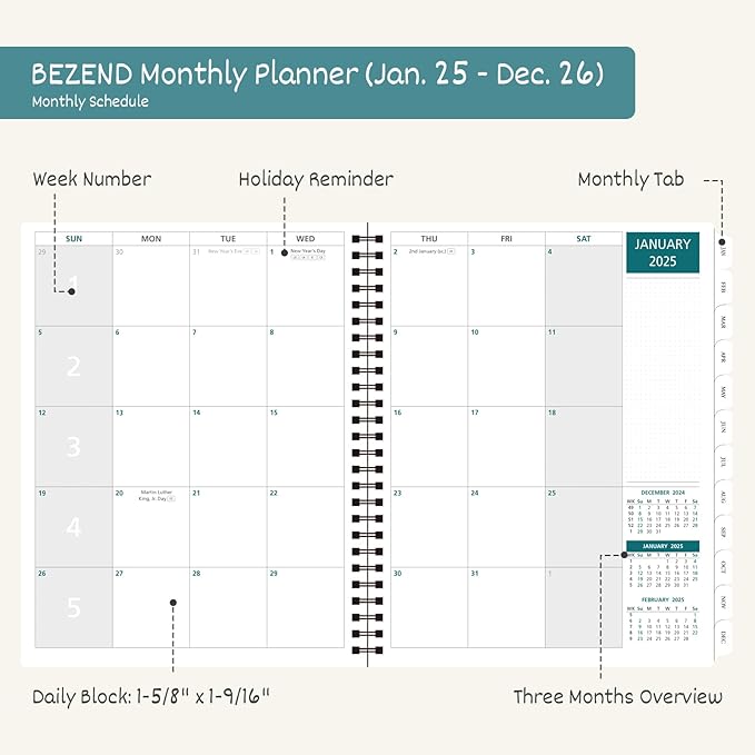 BEZEND 2 Year Monthly Planner 2025-2026 Medium Size 7" x 9" (Jan 2025 - Dec 2026) Spiral Calendar Book with Tabs, 120 GSM Thick Paper, Storage Pockets & Notes, PU Leather Softcover in Black