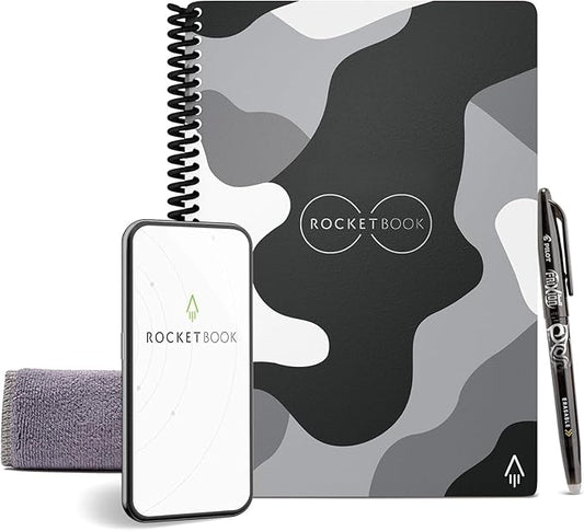 Rocketbook Core Reusable Spiral Notebook, Executive Size 6x8.8, Camo - Lined Pages, App-Connected, Erasable, Durable Cover, Ideal for School, Work, and Creative Projects