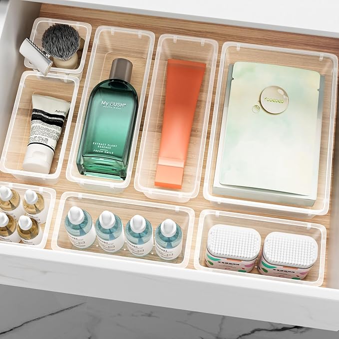 60 PCS Drawer Organizer Set, 4 Sizes Clear Plastic Makeup Vanity Organizer, Multi-Purpose Storage Bins for Makeup, Stationery, Gadgets, Kitchen, Bathroom, Office, Bedroom