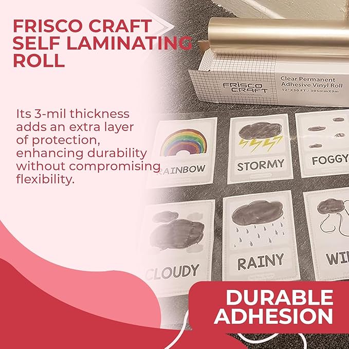 Frisco Craft Transparent Self Adhesive Laminating Roll - Self Laminating Sheets - Clear Vinyl for Decals, Sticker, & More - No Heat Sealing, Glossy, Clear Sheets (12" x 6 ft)