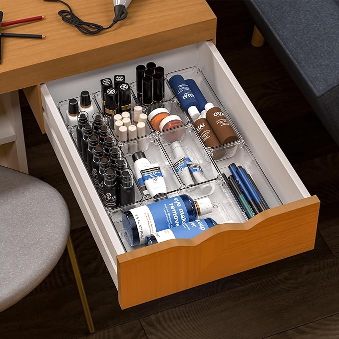 60 Pcs Clear Plastic Drawer Organizer Set,5 Size Small Storage Containers for Organizing Jewelry,Utensil,Junk,Tea,Makeup,Shallow Drawer Organizers Tray Suitable for Office,Desk,Bathroom,Vanity,Kitchen