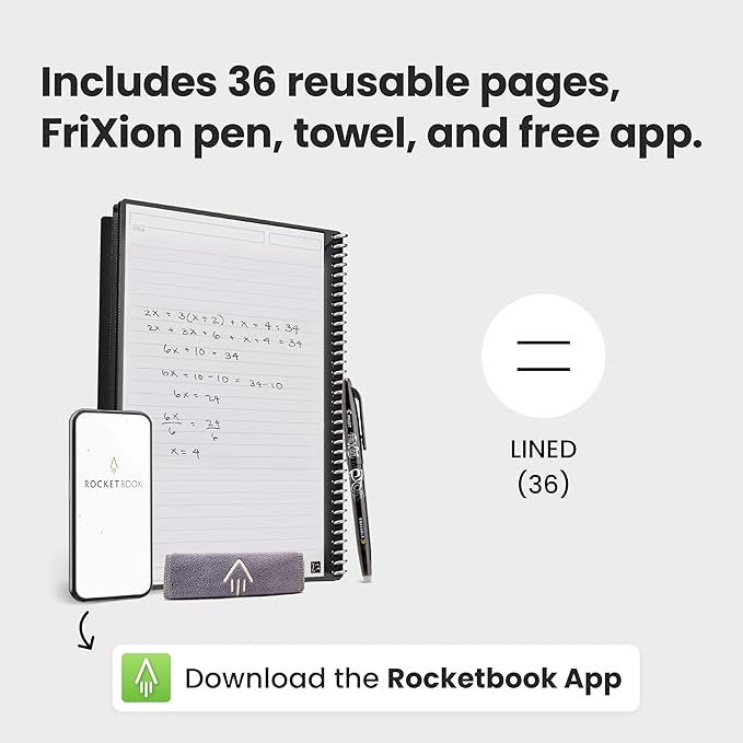 Rocketbook New Core Reusable Spiral Notebook, Executive Size 6x8.8, Black - Lined Pages, App-Connected, Erasable, Durable Cover, Ideal for School, Work, and Creative Projects (Pack of 1)