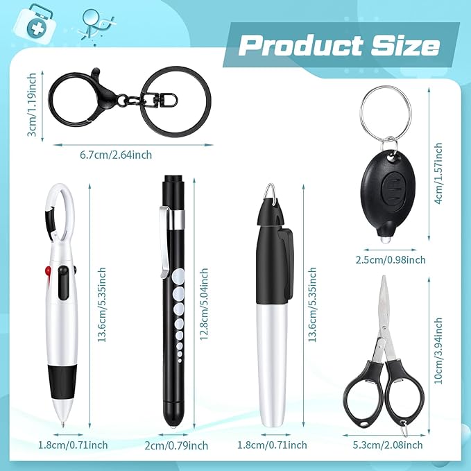 6 Pcs Nurse Pen Set Include Permanent Marker Pen Retractable Ballpoint Pen Keychain Clip Foldable Scissors Lights LED Flashlight Keychain for Nurse Accessories(Black)