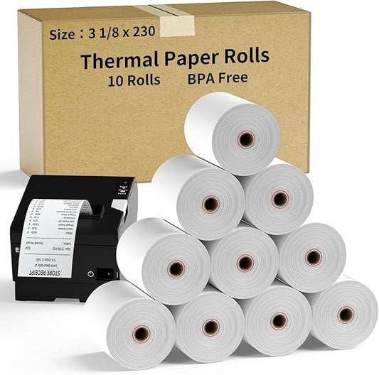 CLASSY Thermal Paper 3 1/8 x 230ft, 10 Rolls Receipt Paper for Cash Registers Printer, ATM Machine,Compatible with Wide Range of POS Systems for Small Business,BPA Free