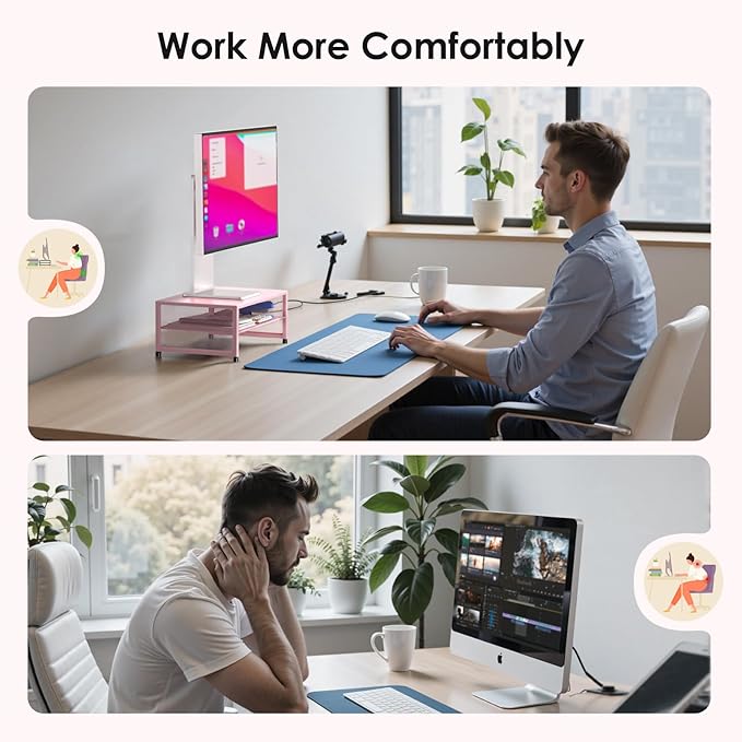 2-Tier Computer Monitor Stand Riser, Desk Organizer for Monitor, Printer & Laptop Stand, Desktop Workspace Organizers for Office Supplies(Pink)