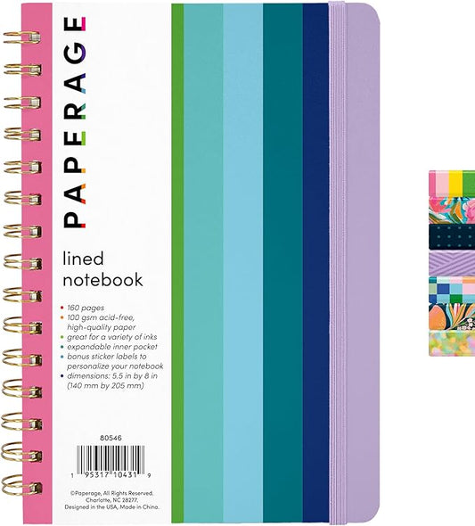PAPERAGE Lined Spiral Journal Notebook, (Rainbow Stripe), 160 Pages, Medium 5.5 inches x 8 inches - 100 GSM Thick Paper, Hardcover, Double-Wire Spiral Journal & Notebook