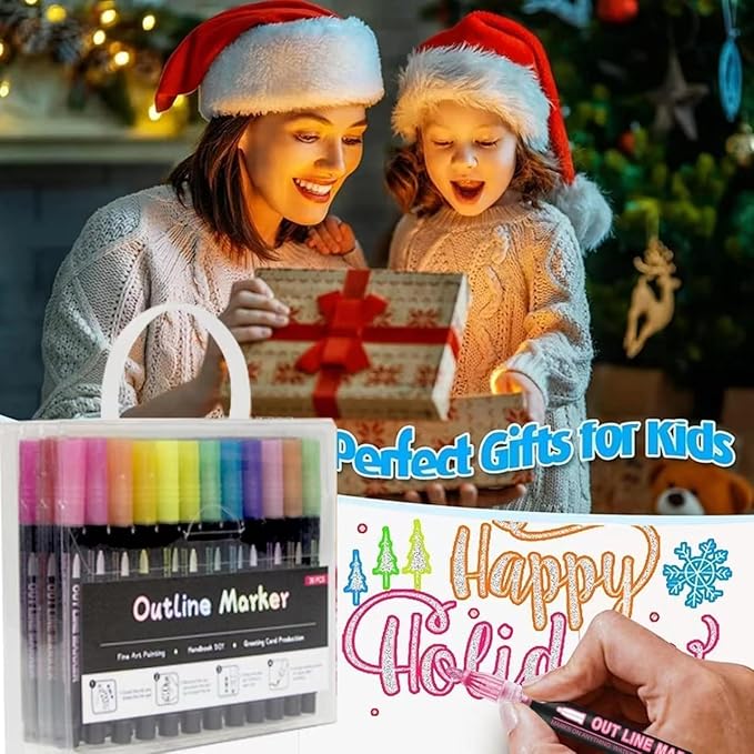 Shimmer Markers Double Line Outline Markers, 12 Colors Squiggles Shimmer Outline Markers Pen Set for Drawing Art School Supplies, Glitter Markers Set for Cards Lettering, Gift for 4-12 Year Old Girl