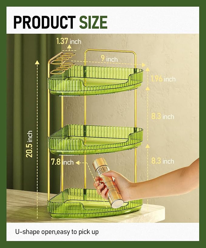 3-Tier Corner Bathroom Counter Organizer Makeup Cosmetic Storage, Tool-Free Installation Acrylic Vanity Shelf, Skin Care Organizer Perfume Tray for Countertop Bathroom, Dresser, Kitchen (Green)
